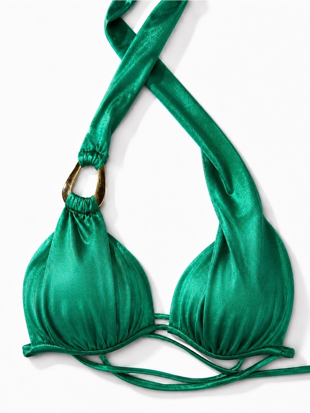 Vintage Y2K Venus Emerald Green Shimmer Halter Bikini Top Gold Ring B Cup